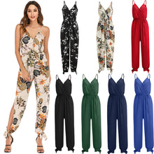 Women's Fashionable Printed Lace-up Depth V-neck Lace-up Trousers One-piece Trousers