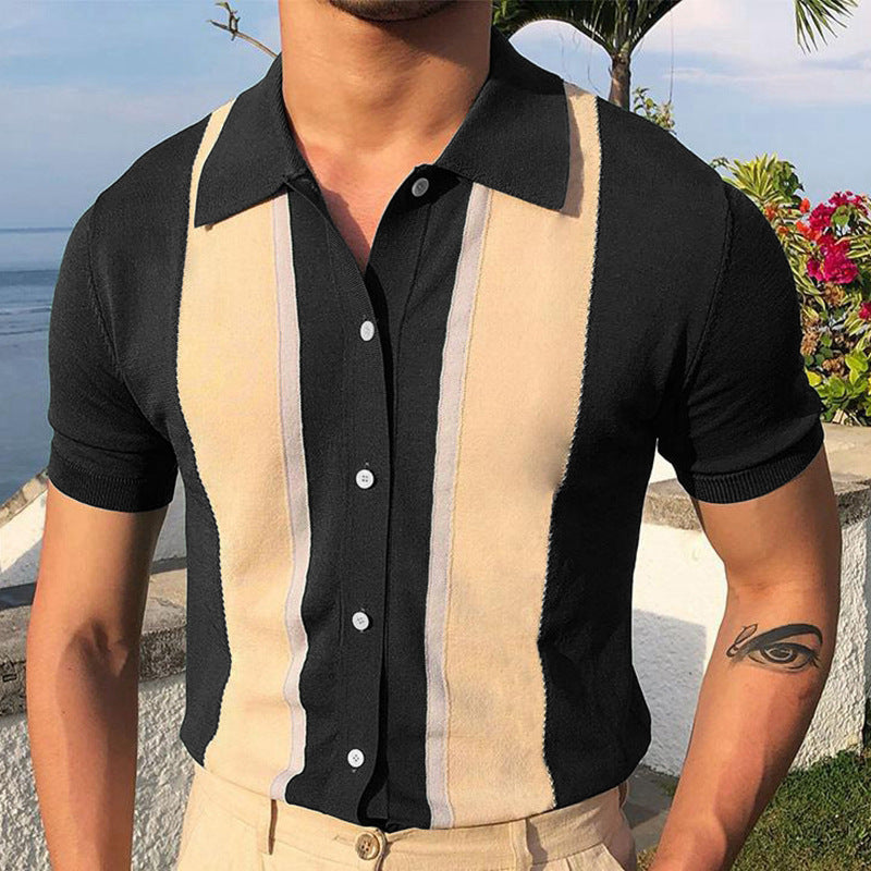 Men's Lapel Collar Contrast Color Knit Short Sleeve POLO Shirt