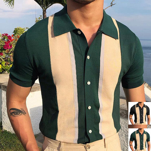 Men's Lapel Collar Contrast Color Knit Short Sleeve POLO Shirt