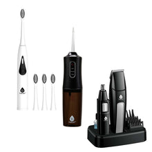 Complete Men's Grooming & Oral Care Bundle – 10-Piece Grooming Kit, Triple-Head Electric Toothbrush & USB Water Flosser