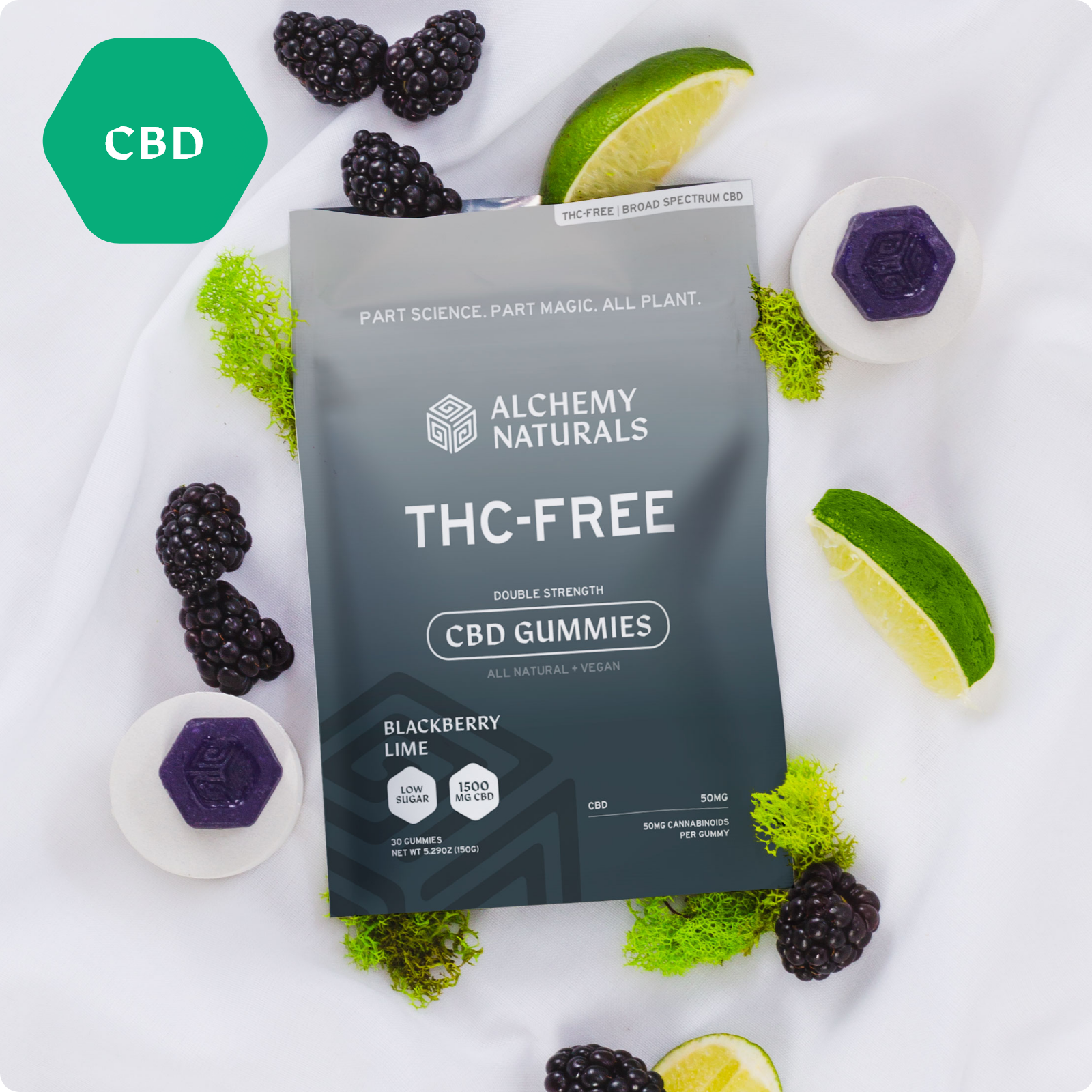 20-Pack: Alchemy Naturals Broad Spectrum CBD Gummies - THC Free - Sample 100mg/2count