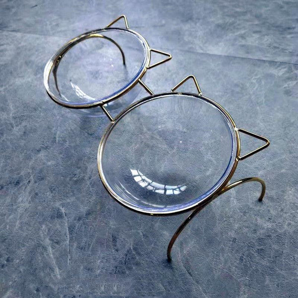 Sparkling Glass Cat Bowl With Elevated Metal Rack - Stylish And Functional Pet Feeder